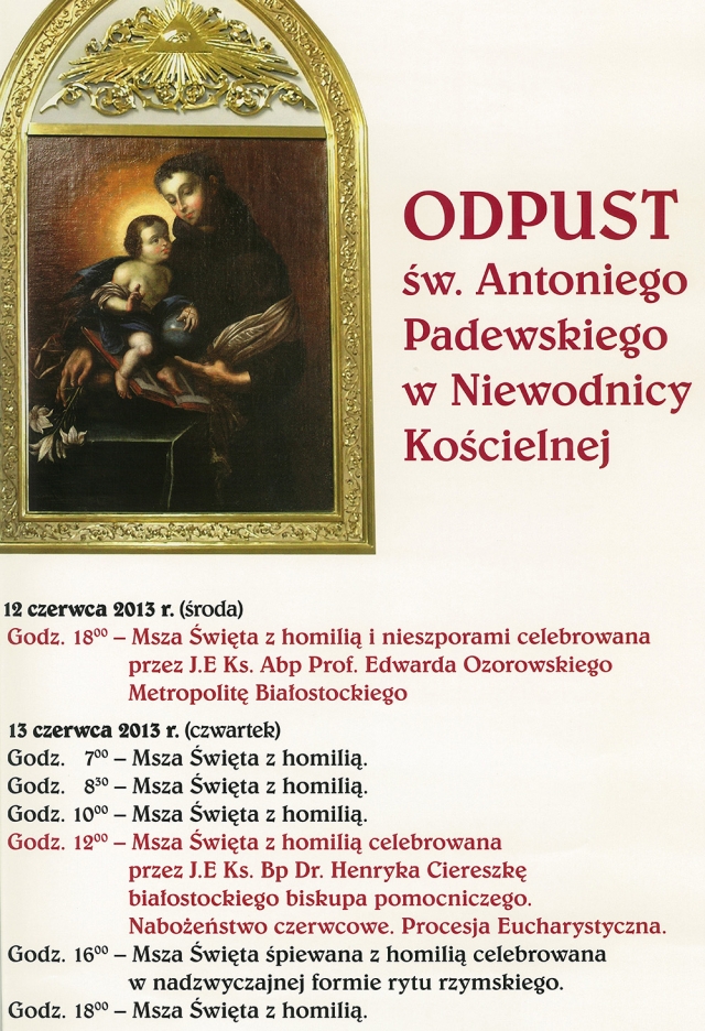 Uroczystości odpustowe w Sanktuarium św. Antoniego w Niewodnicy