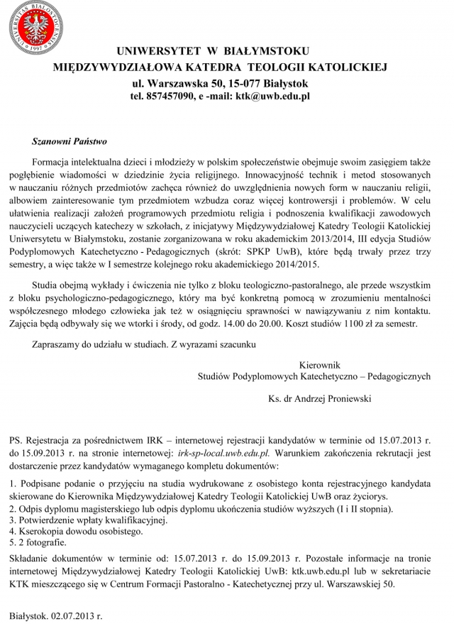 III edycja Studiów Podyplomowych Katechetyczno - Pedagogicznych