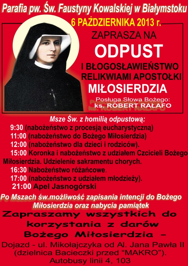 Zaproszenie na odpust w parafii. pw. św. Faustyny