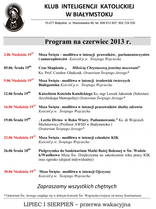 Program Klubu Inteligencji Katolickiej na czerwiec 2013